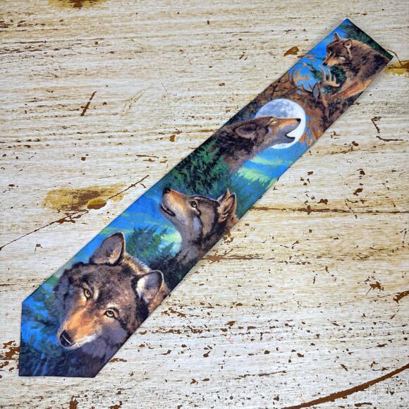 Ralph Marlin Men's Vintage 1995 Wolf Howling Moon Neck Tie One Size - Picture 1 of 8